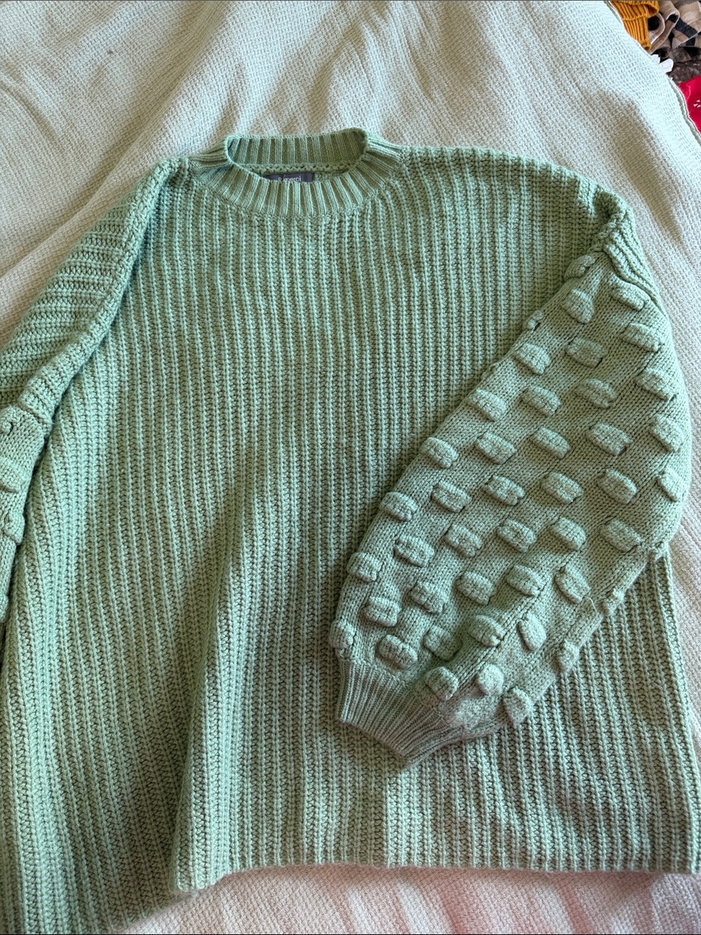 Mint Green Bubble-Sleeve Knit Turtleneck Sweater - Women